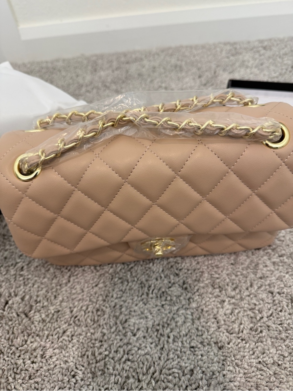 INSPIRED..  Quilted Beige Chain Shoulder Bag - Classic Designer Style